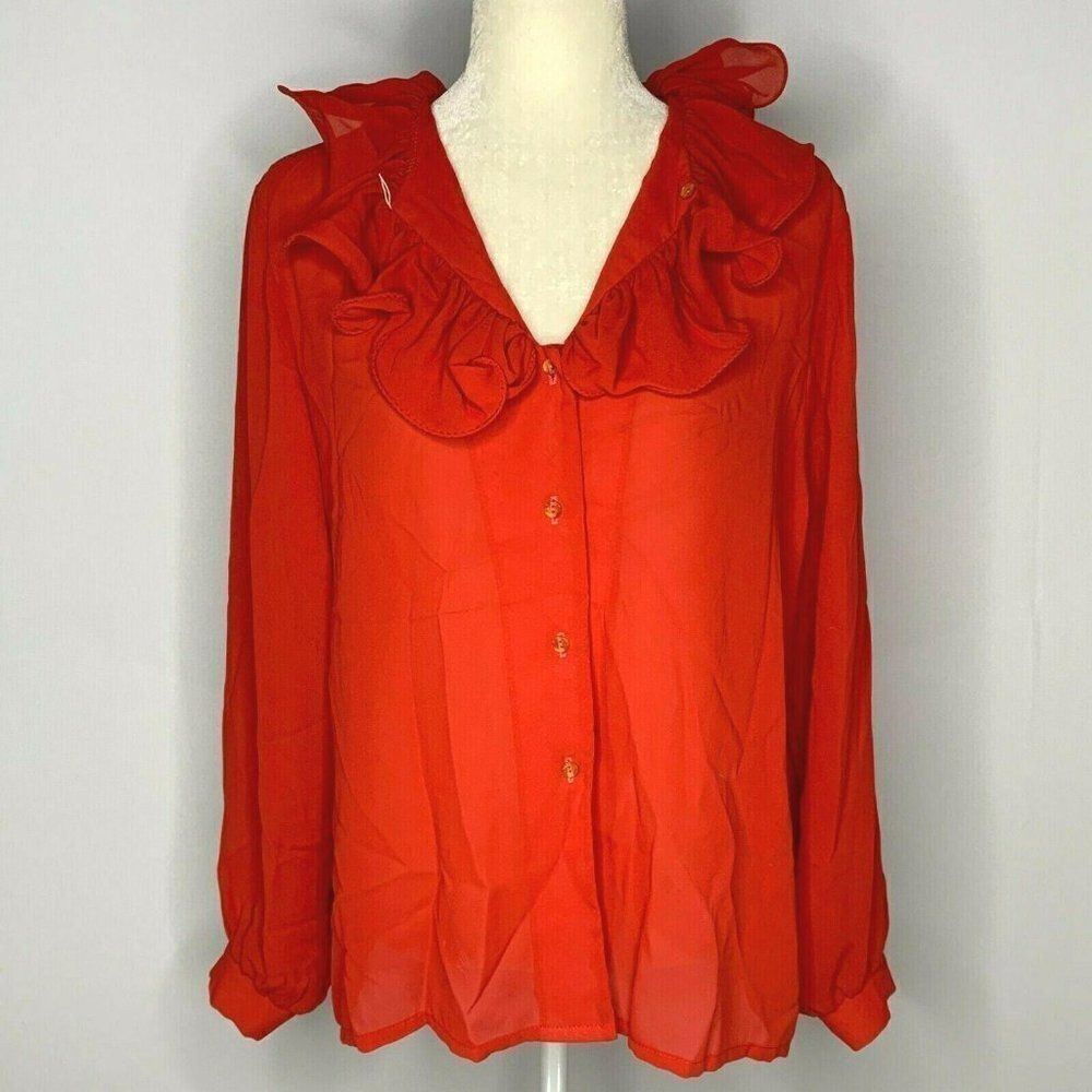 Vintage 80s Teddi Button Up Shirt L Red Ruffle - Picture 4 of 8